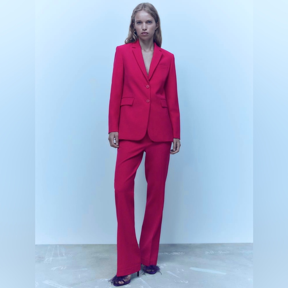 Zara Set - Fuchsia Straight Cut Pocket Blazer & The Low Rise Flare Pants - Picture 6 of 17